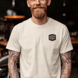 Funny HVAC Tee - "Licensed To Chill" HVAC Technician T-Shirt — ivory t-shirt, model photo | Pressure Tested Co