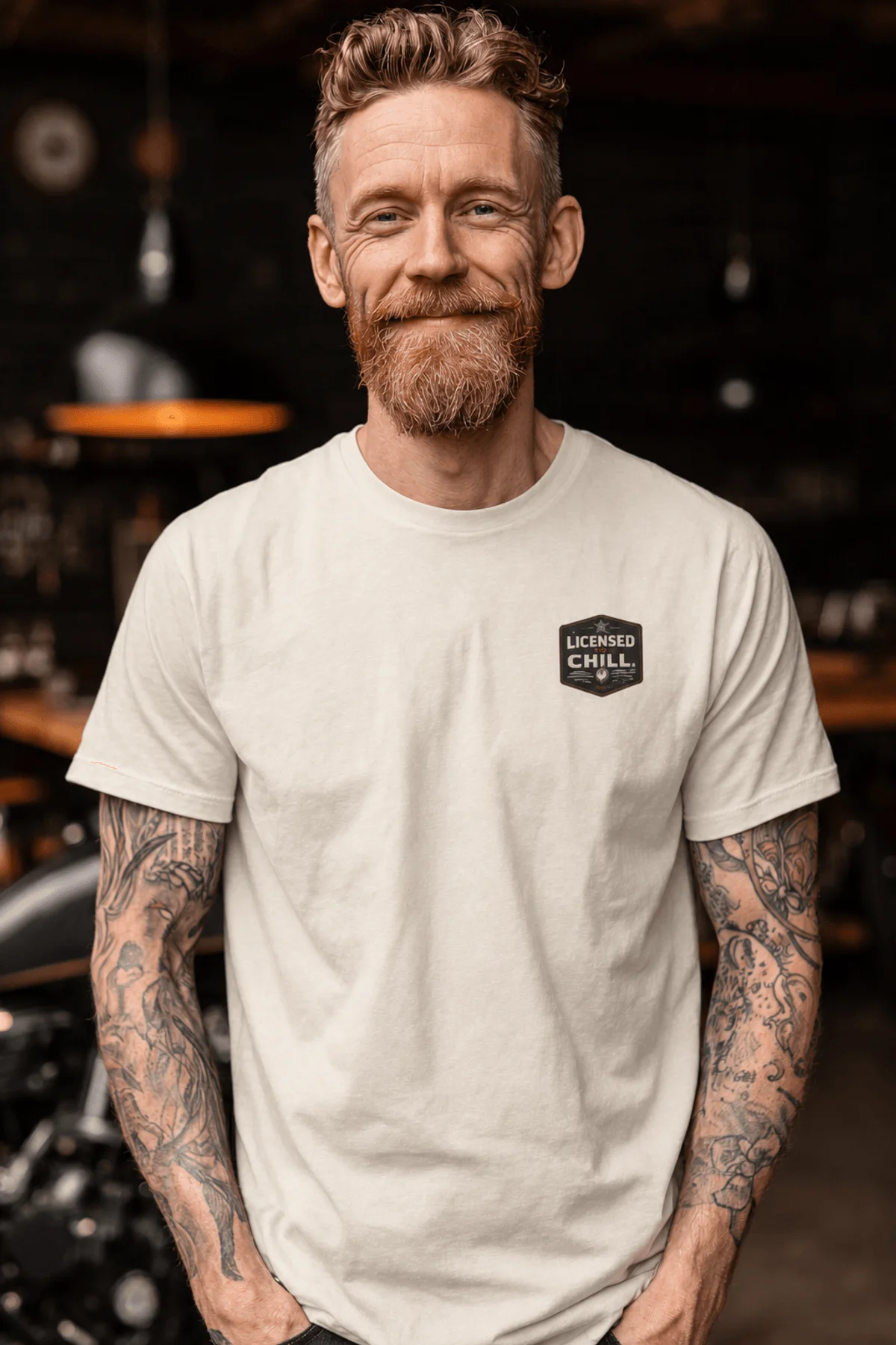 Funny HVAC Tee - "Licensed To Chill" HVAC Technician T-Shirt — ivory t-shirt, model photo | Pressure Tested Co
