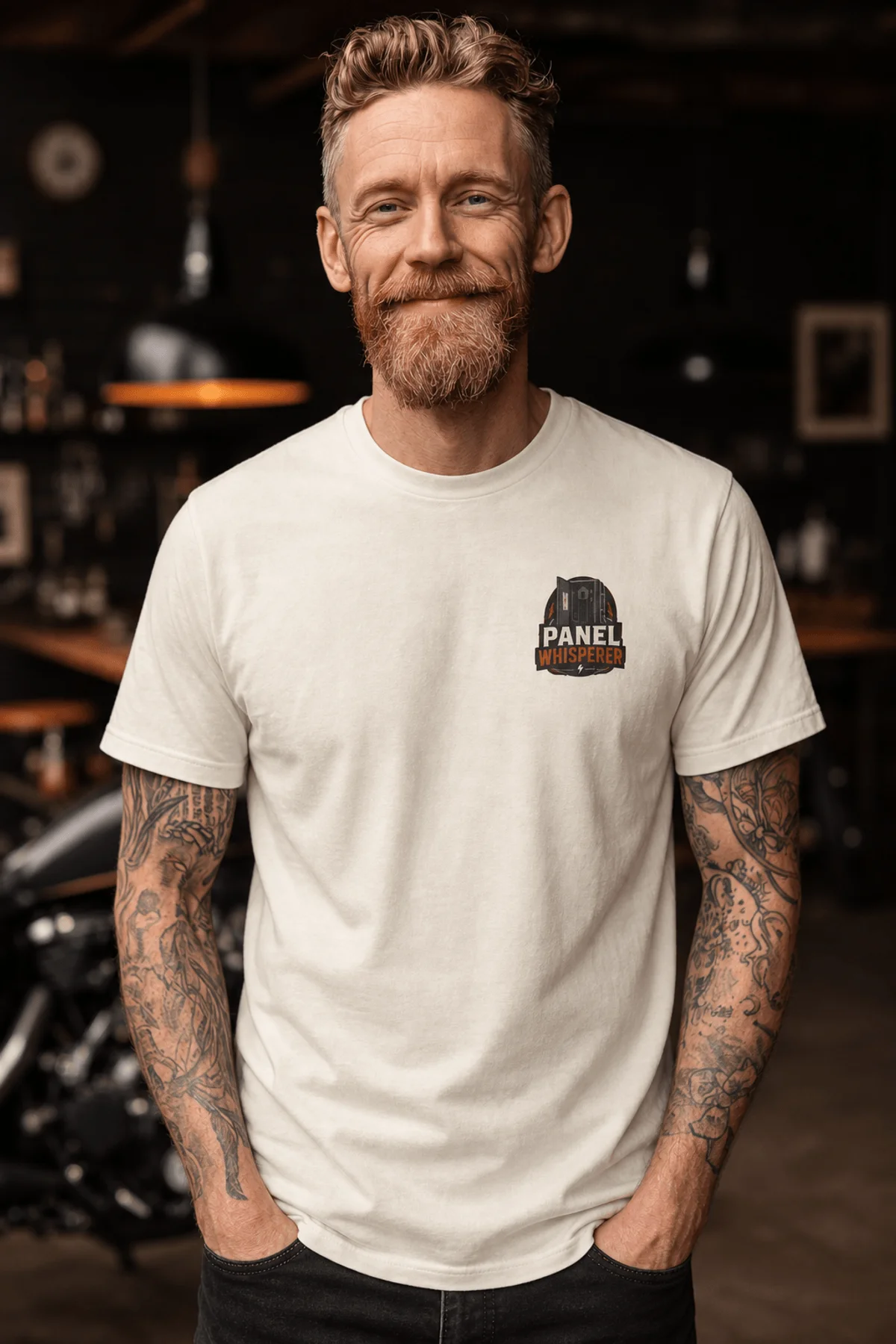 Funny Electrician Tee - "Panel Whisperer" Electrical Worker T-Shirt — ivory t-shirt, model photo | Pressure Tested Co
