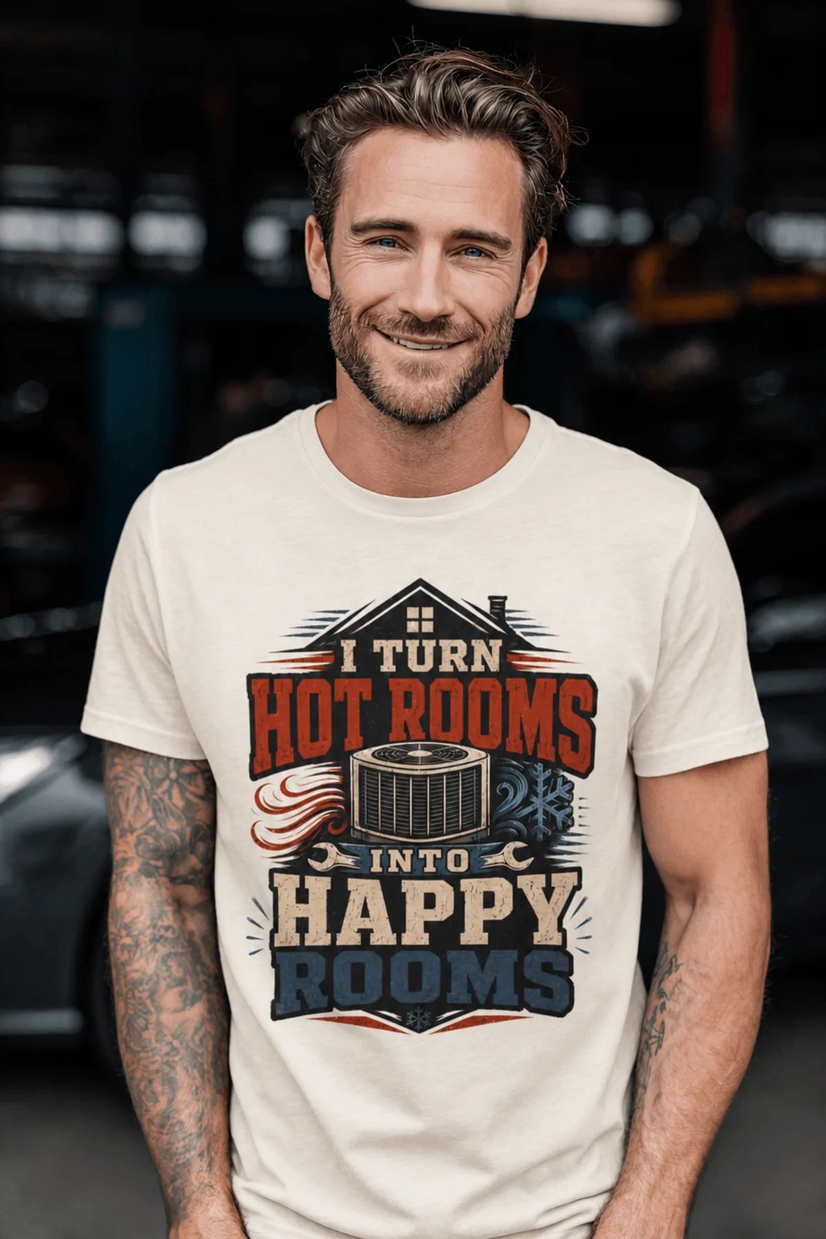 HVAC Technician T-Shirt — "I Turn Hot Rooms Into Happy Rooms" Vintage HVAC Shirt — ivory — Model HVAC Technician T-Shirt — "I Turn Hot Rooms Into Happy Rooms" Vintage HVAC Shirt — ivory t-shirt, model photo | Pressure Tested Co