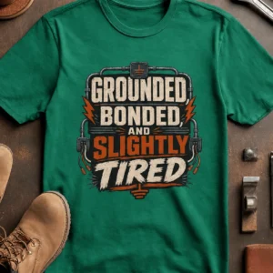 Grounded, Bonded and Slightly Tired Graphic Tee — Funny Electrical Worker Shirt — kelly t-shirt, flat-lay product photo | Pressure Tested Co
