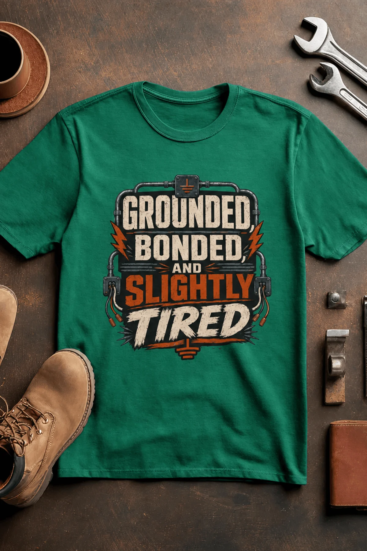 Grounded, Bonded and Slightly Tired Graphic Tee — Funny Electrical Worker Shirt — kelly t-shirt, flat-lay product photo | Pressure Tested Co