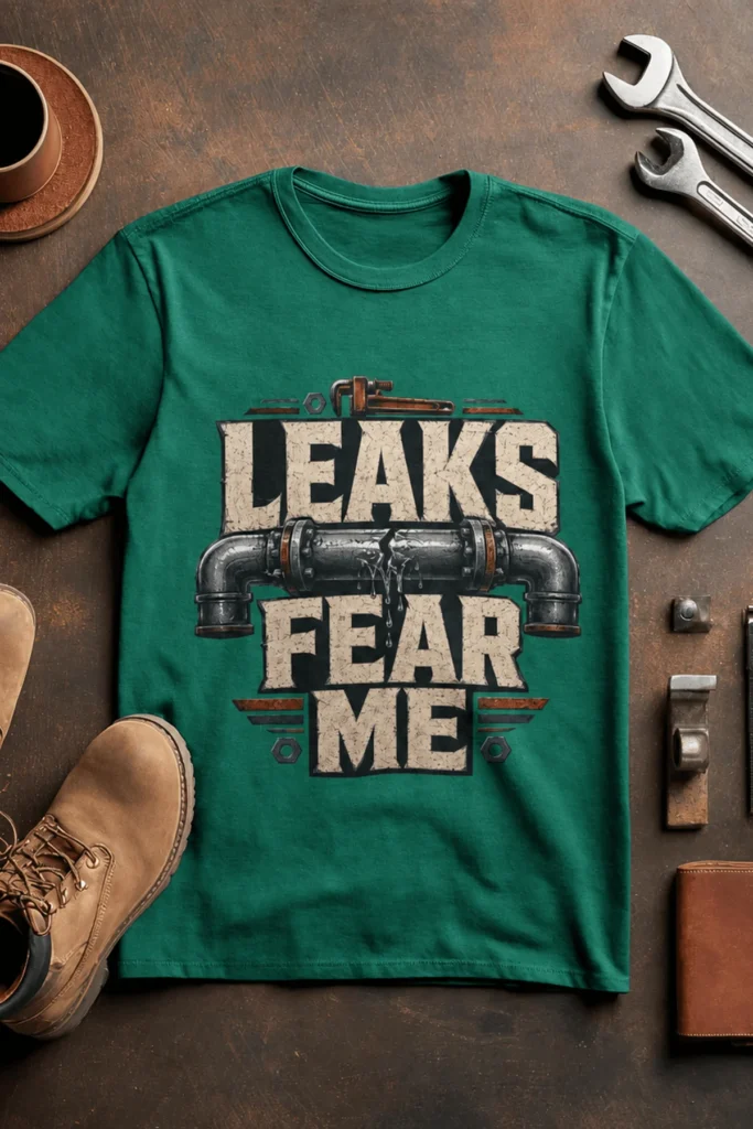 Leaks Fear Me T-Shirt - Funny Plumber Pipes Tee — kelly t-shirt, flat-lay product photo | Pressure Tested Co
