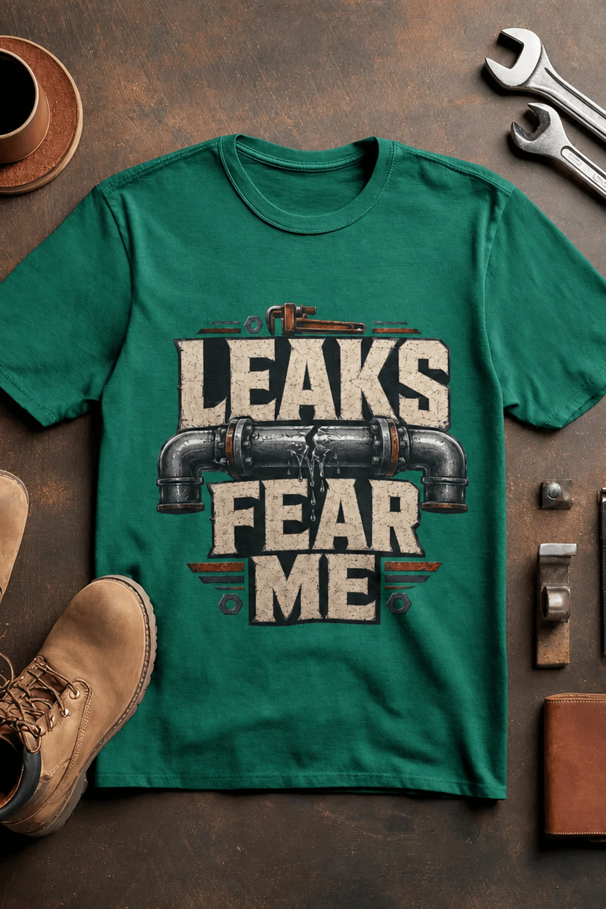 Leaks Fear Me T-Shirt - Funny Plumber Pipes Tee — kelly t-shirt, flat-lay product photo | Pressure Tested Co
