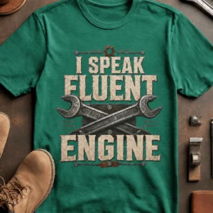 I Speak Fluent Engine T-Shirt — Mechanic Wrench Vintage Auto Repair Tee — kelly t-shirt, flat-lay product photo | Pressure Tested Co