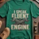 I Speak Fluent Engine T-Shirt — Mechanic Wrench Vintage Auto Repair Tee — kelly — Flat-lay I Speak Fluent Engine T-Shirt — Mechanic Wrench Vintage Auto Repair Tee — kelly t-shirt, flat-lay product photo | Pressure Tested Co
