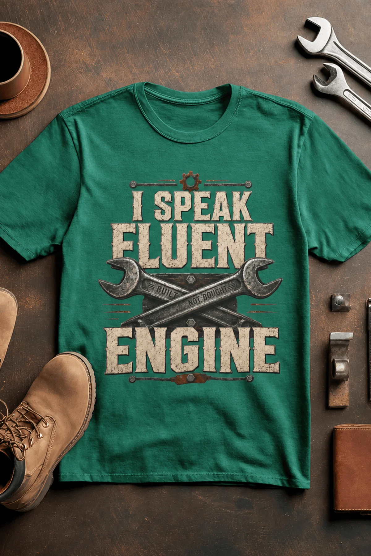 I Speak Fluent Engine T-Shirt — Mechanic Wrench Vintage Auto Repair Tee — kelly — Flat-lay I Speak Fluent Engine T-Shirt — Mechanic Wrench Vintage Auto Repair Tee — kelly t-shirt, flat-lay product photo | Pressure Tested Co