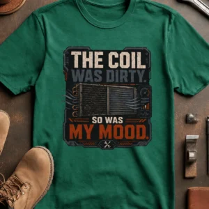 HVAC Technician Tee — “THE COIL WAS DIRTY. SO WAS MY MOOD.” — kelly t-shirt, flat-lay product photo | Pressure Tested Co