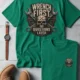 Wrench First Tee — "Wrench First, Questions Later" Mechanic Skull T-Shirt — kelly t-shirt, flat-lay product photo | Pressure Tested Co
