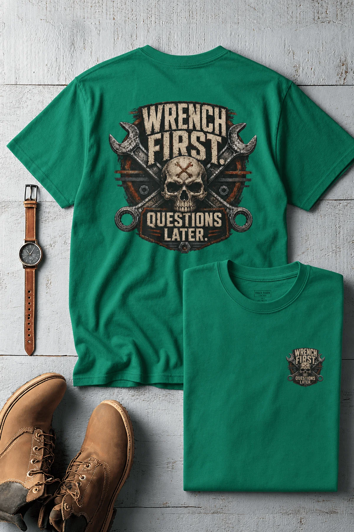 Wrench First Tee — "Wrench First, Questions Later" Mechanic Skull T-Shirt — kelly t-shirt, flat-lay product photo | Pressure Tested Co