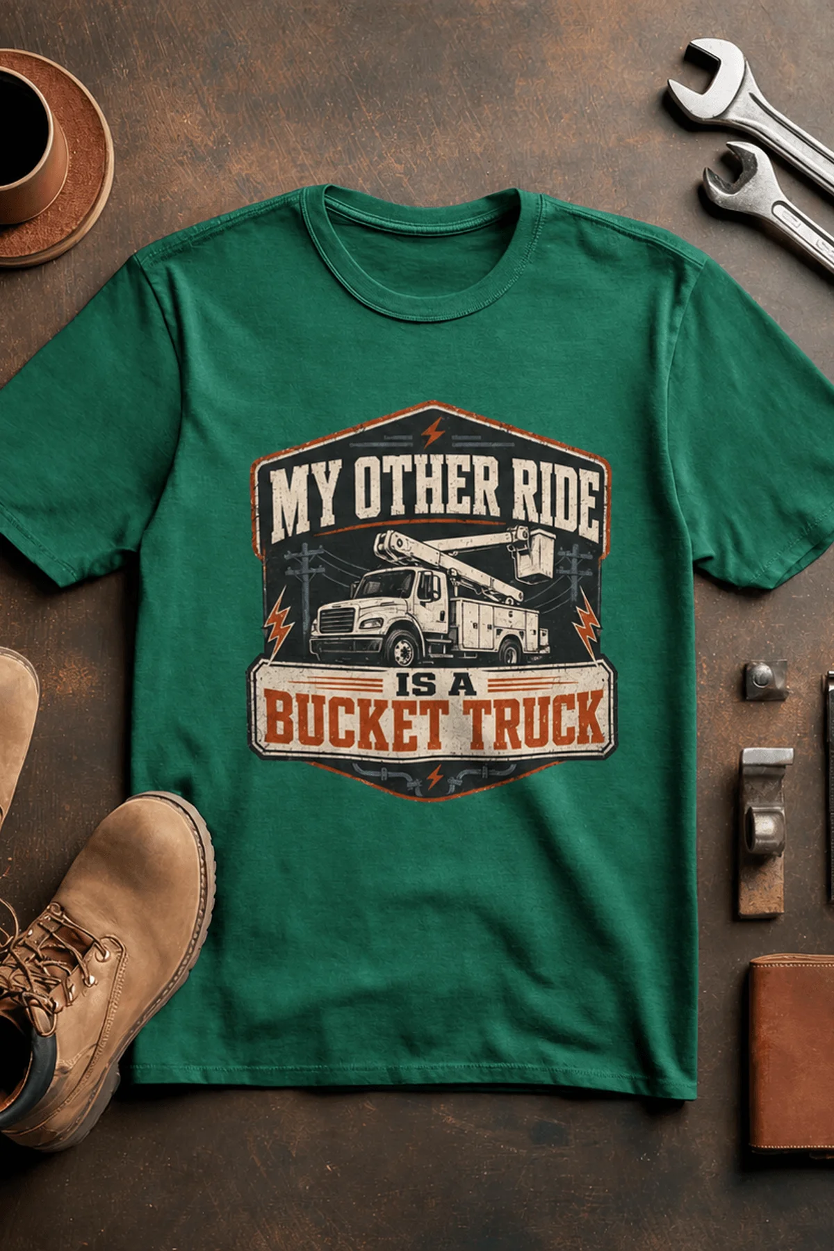 Bucket Truck T-Shirt - “My Other Ride Is A Bucket Truck” Utility Crew/Electrician Tee — kelly t-shirt, flat-lay product photo | Pressure Tested Co