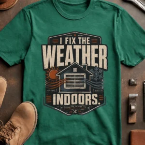 Funny HVAC Technician Tee - “I Fix The Weather Indoors.” Cooling/Furnace Shop Work Shirt — kelly t-shirt, flat-lay product photo | Pressure Tested Co