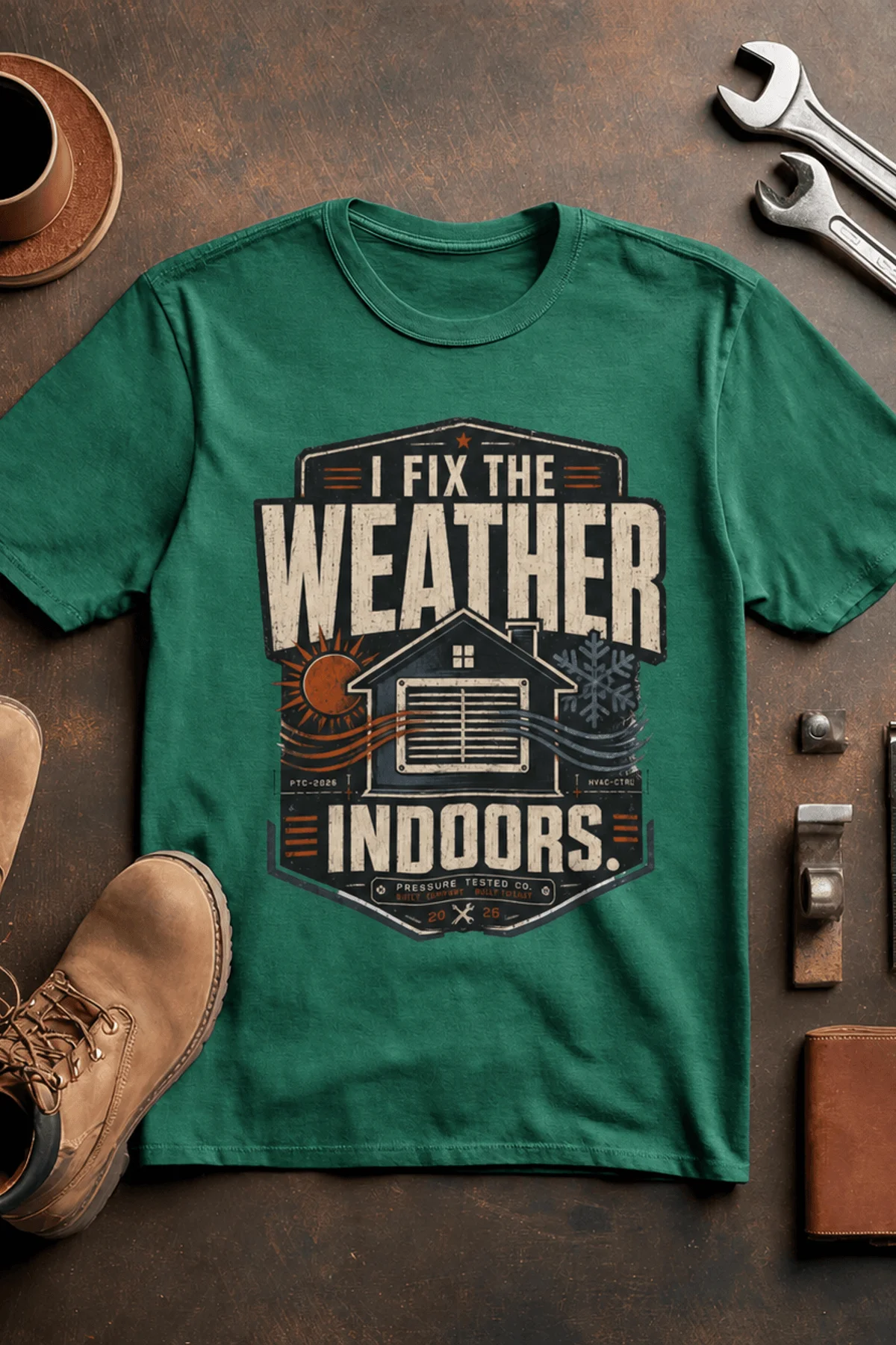 Funny HVAC Technician Tee - “I Fix The Weather Indoors.” Cooling/Furnace Shop Work Shirt — kelly — Flat-lay Funny HVAC Technician Tee - “I Fix The Weather Indoors.” Cooling/Furnace Shop Work Shirt — kelly t-shirt, flat-lay product photo | Pressure Tested Co