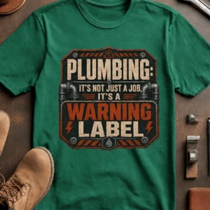 Plumbing Warning Label T-Shirt — Funny Plumber Shirt — kelly t-shirt, flat-lay product photo | Pressure Tested Co