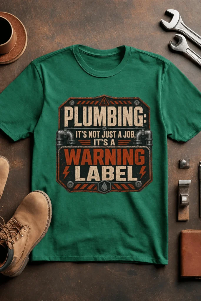 Plumbing Warning Label T-Shirt — Funny Plumber Shirt — kelly t-shirt, flat-lay product photo | Pressure Tested Co
