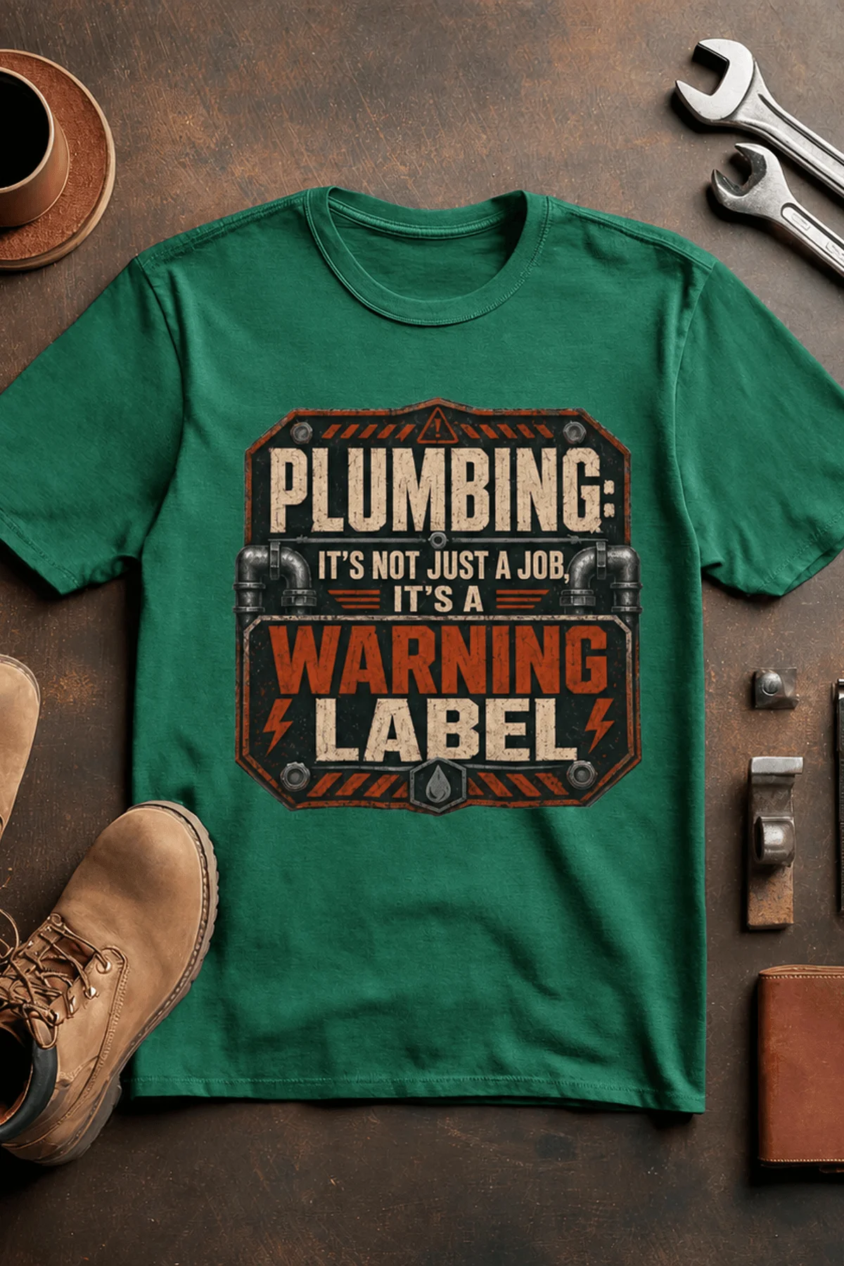 Plumbing Warning Label T-Shirt — Funny Plumber Shirt — kelly t-shirt, flat-lay product photo | Pressure Tested Co