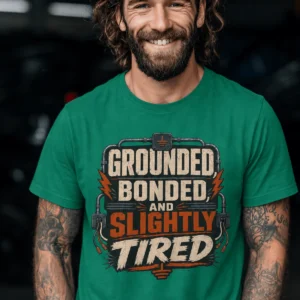 Grounded, Bonded and Slightly Tired Graphic Tee — Funny Electrical Worker Shirt — kelly t-shirt, model photo | Pressure Tested Co