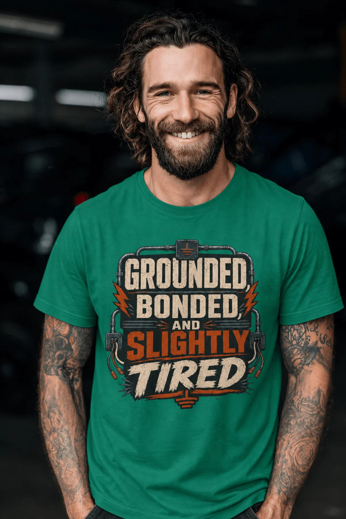 Grounded, Bonded and Slightly Tired Graphic Tee — Funny Electrical Worker Shirt — kelly t-shirt, model photo | Pressure Tested Co