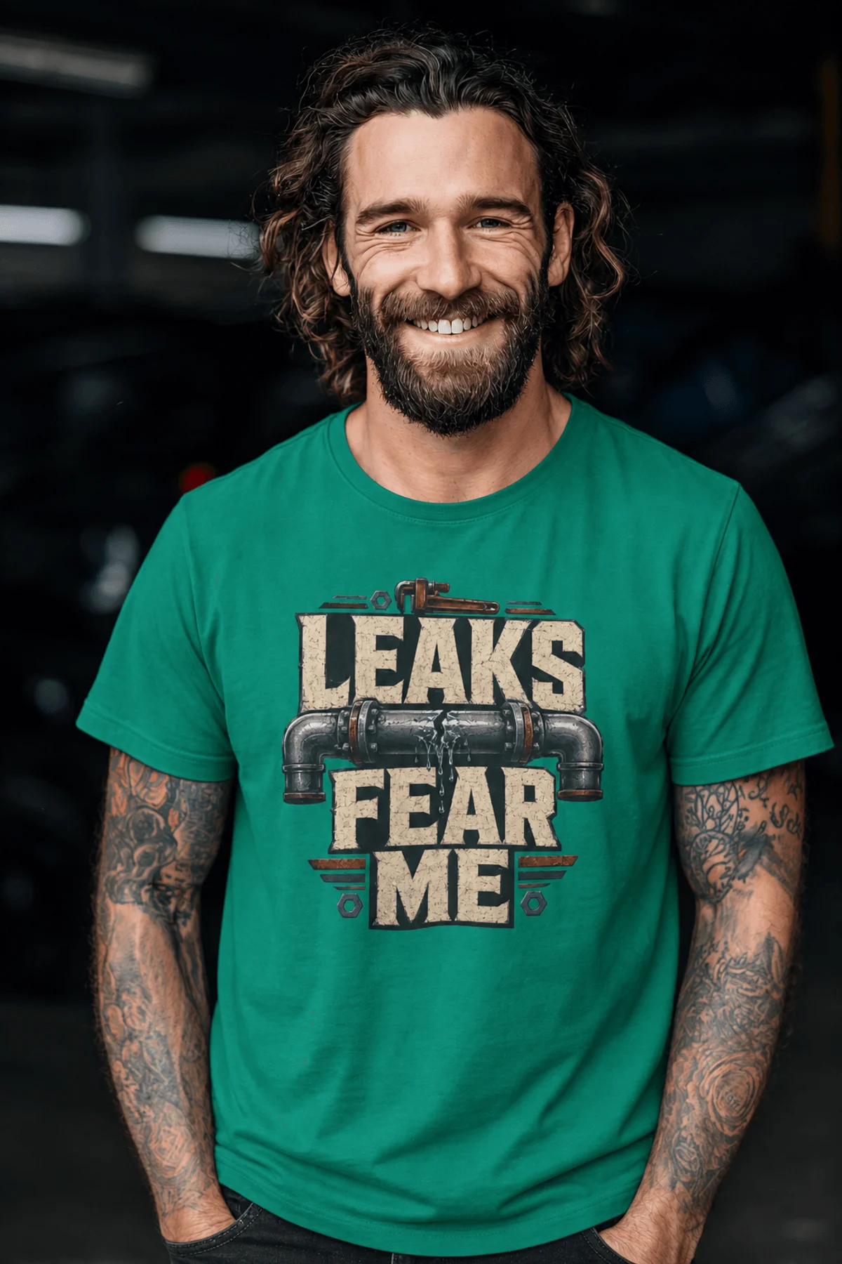 Leaks Fear Me T-Shirt - Funny Plumber Pipes Tee — kelly t-shirt, model photo | Pressure Tested Co