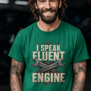 I Speak Fluent Engine T-Shirt — Mechanic Wrench Vintage Auto Repair Tee — kelly t-shirt, model photo | Pressure Tested Co