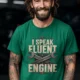 I Speak Fluent Engine T-Shirt — Mechanic Wrench Vintage Auto Repair Tee — kelly — Model I Speak Fluent Engine T-Shirt — Mechanic Wrench Vintage Auto Repair Tee — kelly t-shirt, model photo | Pressure Tested Co