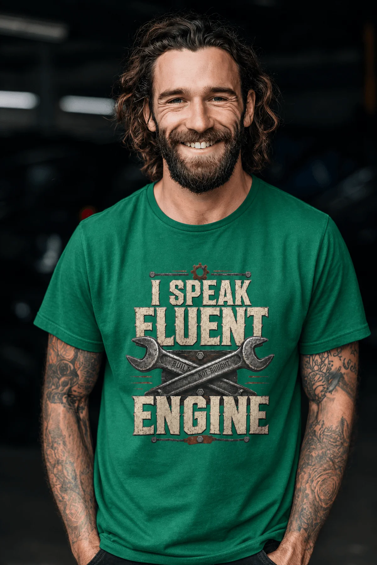 I Speak Fluent Engine T-Shirt — Mechanic Wrench Vintage Auto Repair Tee — kelly — Model I Speak Fluent Engine T-Shirt — Mechanic Wrench Vintage Auto Repair Tee — kelly t-shirt, model photo | Pressure Tested Co