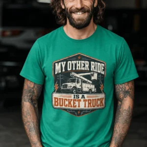 Bucket Truck T-Shirt - “My Other Ride Is A Bucket Truck” Utility Crew/Electrician Tee — kelly t-shirt, model photo | Pressure Tested Co