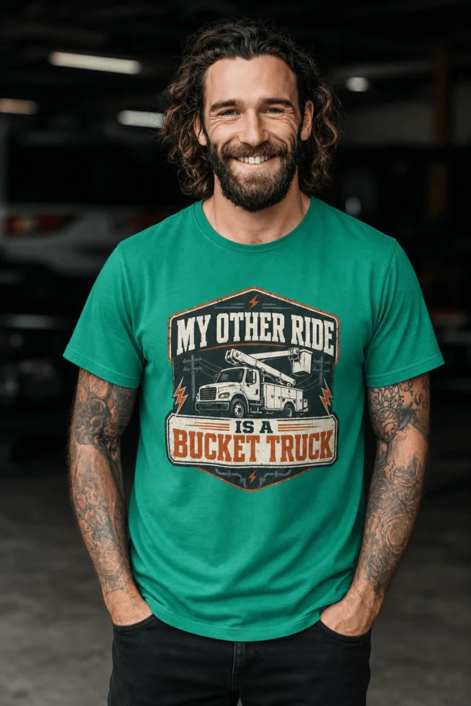 Bucket Truck T-Shirt - “My Other Ride Is A Bucket Truck” Utility Crew/Electrician Tee — kelly t-shirt, model photo | Pressure Tested Co