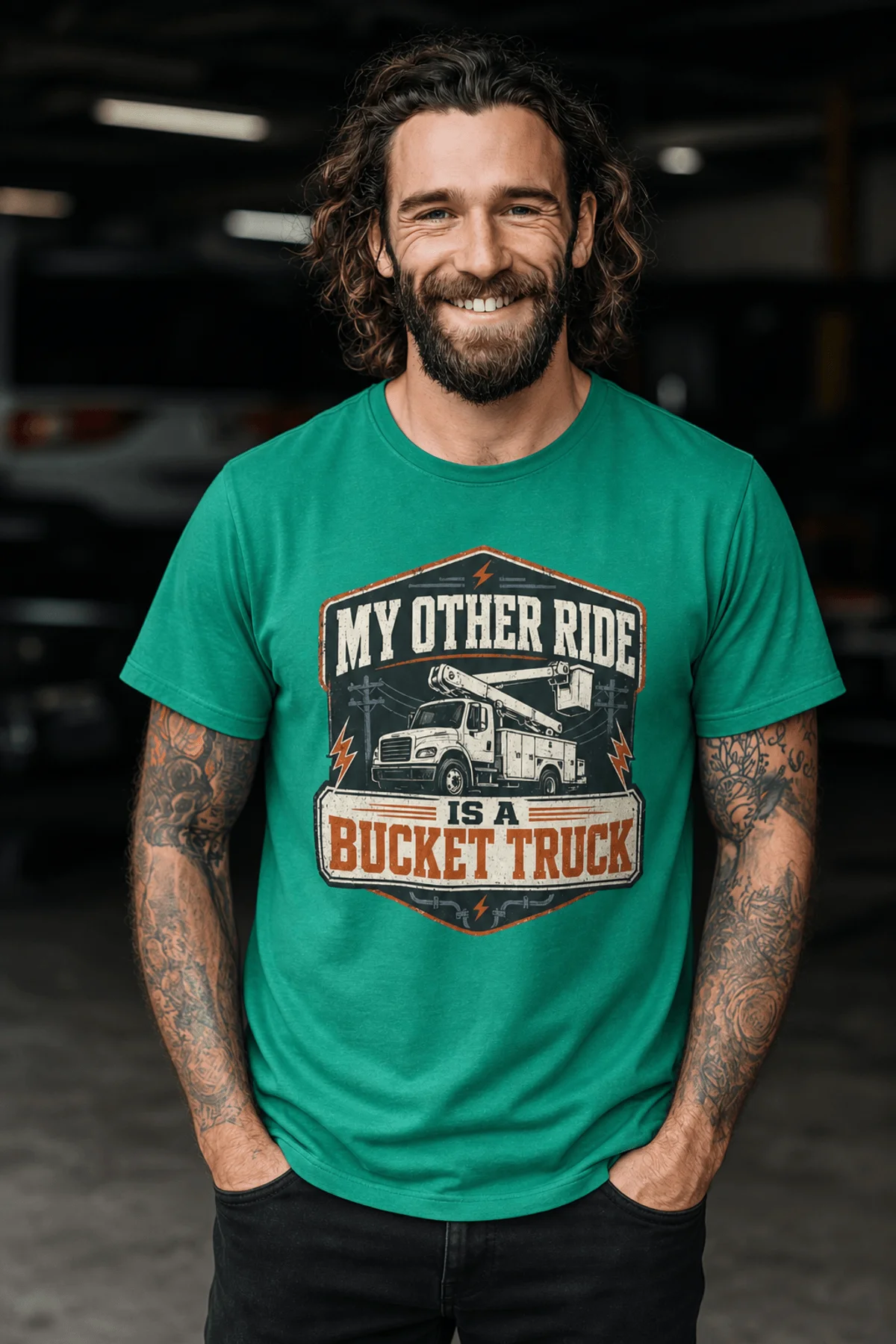 Bucket Truck T-Shirt - “My Other Ride Is A Bucket Truck” Utility Crew/Electrician Tee — kelly t-shirt, model photo | Pressure Tested Co