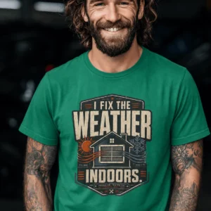 Funny HVAC Technician Tee - “I Fix The Weather Indoors.” Cooling/Furnace Shop Work Shirt — kelly t-shirt, model photo | Pressure Tested Co
