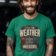 Funny HVAC Technician Tee - “I Fix The Weather Indoors.” Cooling/Furnace Shop Work Shirt — kelly — Model Funny HVAC Technician Tee - “I Fix The Weather Indoors.” Cooling/Furnace Shop Work Shirt — kelly t-shirt, model photo | Pressure Tested Co