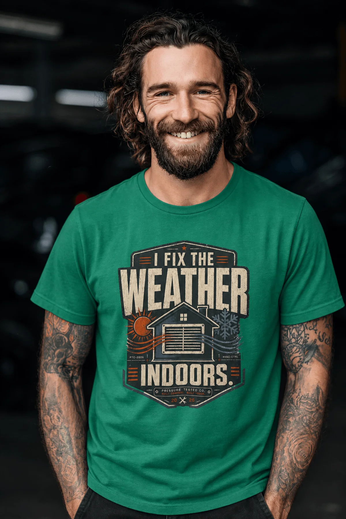Funny HVAC Technician Tee - “I Fix The Weather Indoors.” Cooling/Furnace Shop Work Shirt — kelly — Model Funny HVAC Technician Tee - “I Fix The Weather Indoors.” Cooling/Furnace Shop Work Shirt — kelly t-shirt, model photo | Pressure Tested Co