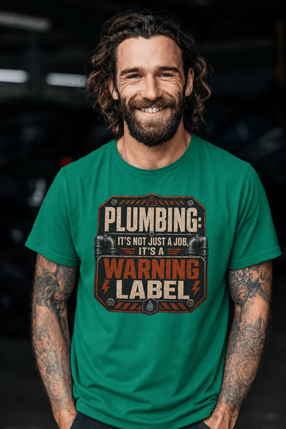 Plumbing Warning Label T-Shirt — Funny Plumber Shirt — kelly t-shirt, model photo | Pressure Tested Co