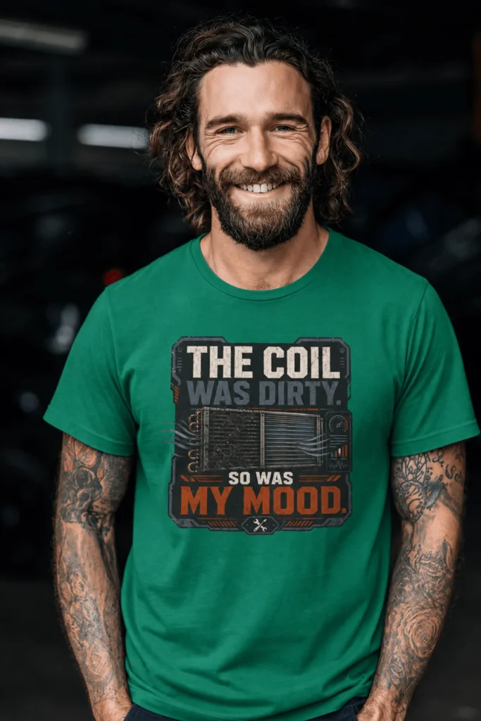 HVAC Technician Tee — “THE COIL WAS DIRTY. SO WAS MY MOOD.” — kelly t-shirt, model photo | Pressure Tested Co