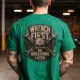 Wrench First Tee — "Wrench First, Questions Later" Mechanic Skull T-Shirt — kelly t-shirt, model photo | Pressure Tested Co