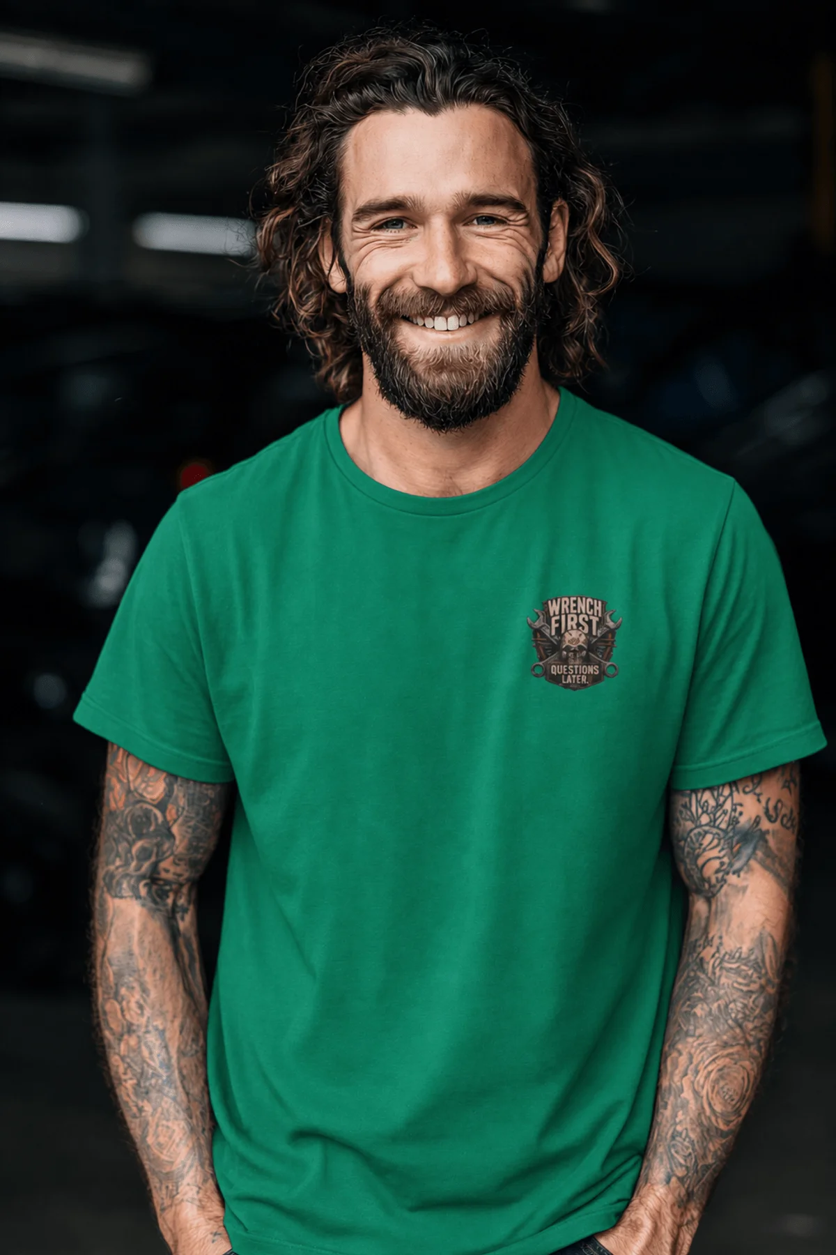 Wrench First Tee — "Wrench First, Questions Later" Mechanic Skull T-Shirt — kelly t-shirt, model photo | Pressure Tested Co