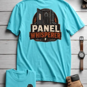 Funny Electrician Tee - "Panel Whisperer" Electrical Worker T-Shirt — lagoon-blue t-shirt, flat-lay product photo | Pressure Tested Co
