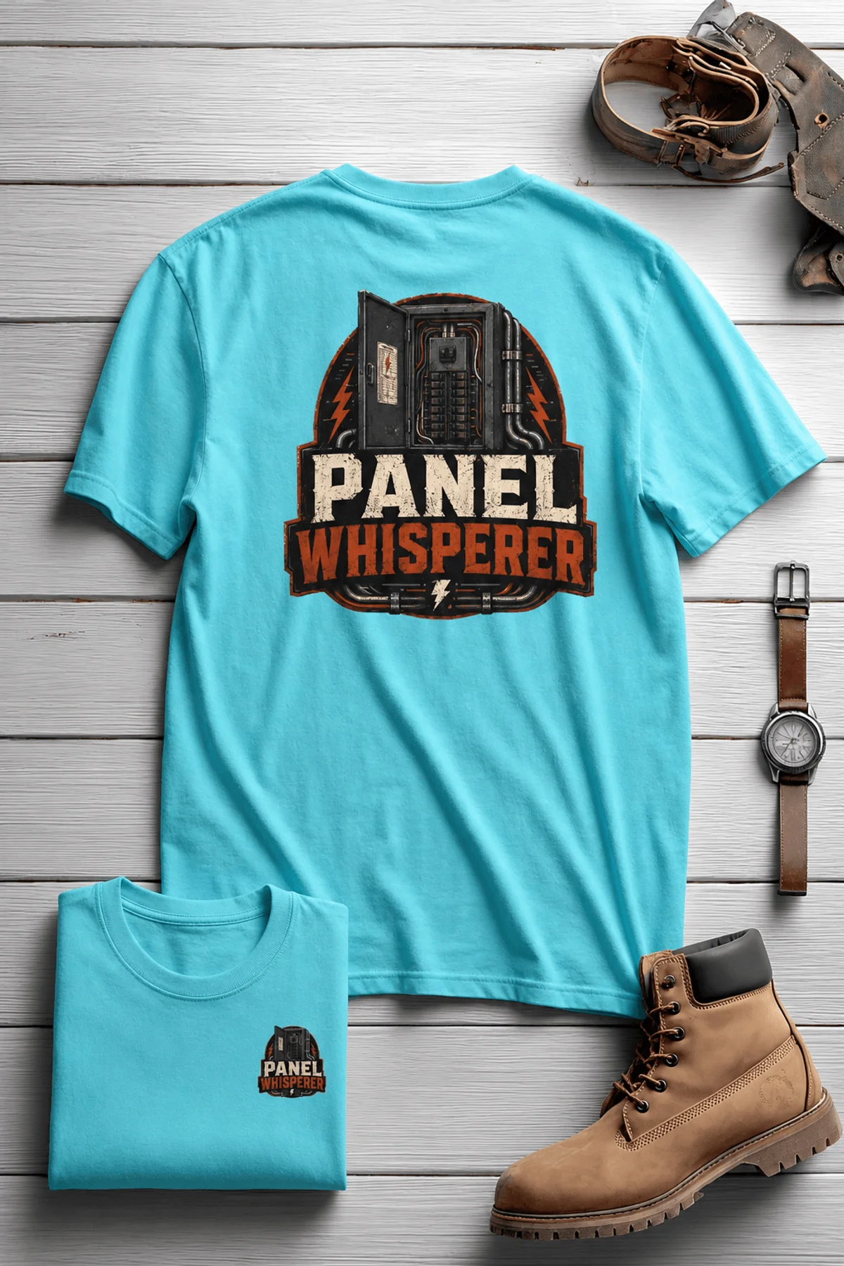 Funny Electrician Tee - "Panel Whisperer" Electrical Worker T-Shirt — lagoon-blue t-shirt, flat-lay product photo | Pressure Tested Co