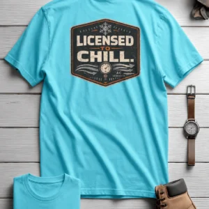 Funny HVAC Tee - "Licensed To Chill" HVAC Technician T-Shirt — lagoon-blue t-shirt, flat-lay product photo | Pressure Tested Co