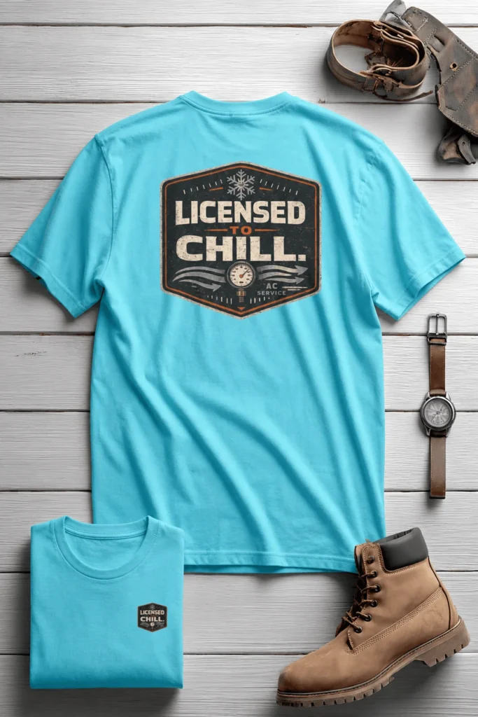 Funny HVAC Tee - "Licensed To Chill" HVAC Technician T-Shirt — lagoon-blue t-shirt, flat-lay product photo | Pressure Tested Co