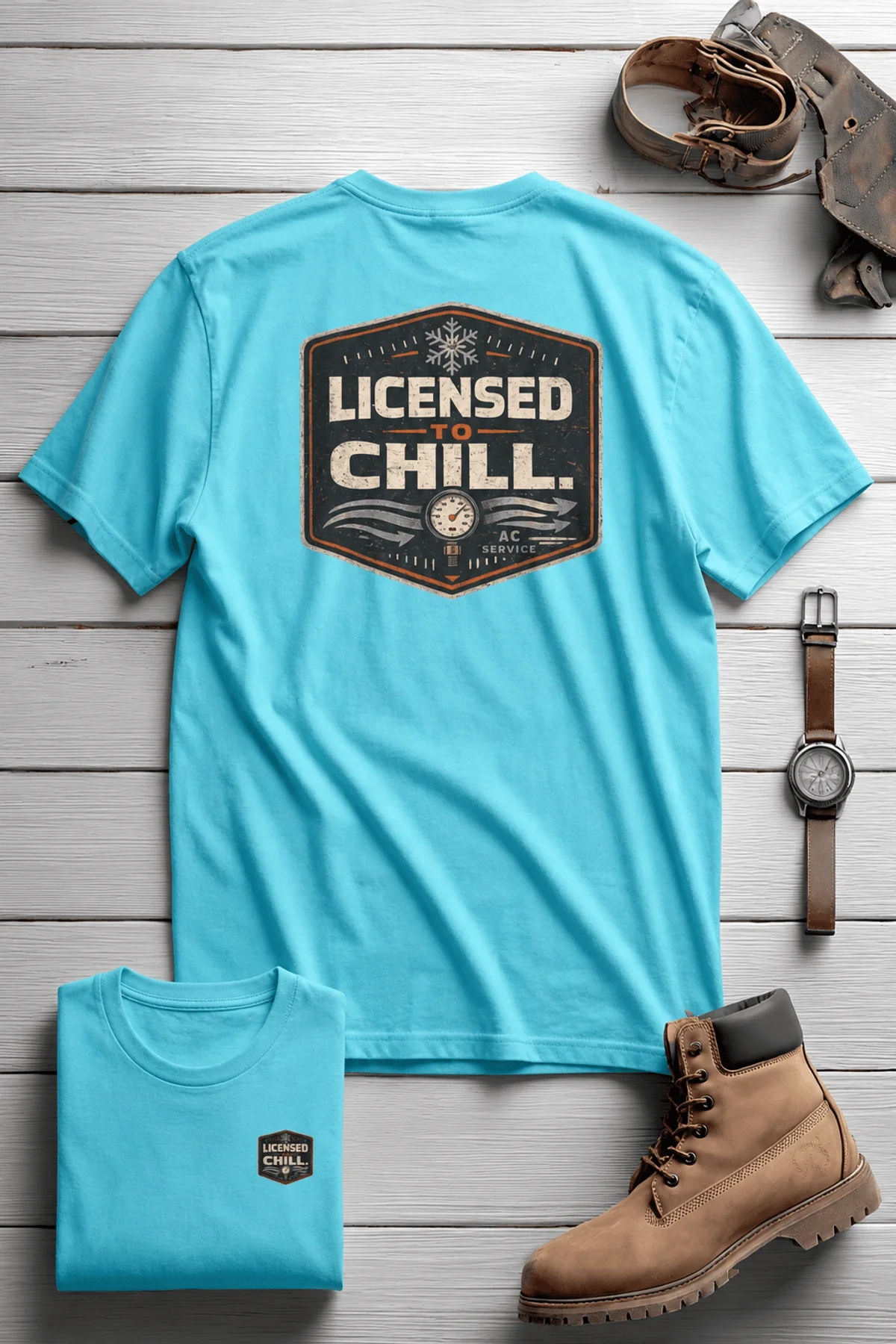 Funny HVAC Tee - "Licensed To Chill" HVAC Technician T-Shirt — lagoon-blue t-shirt, flat-lay product photo | Pressure Tested Co