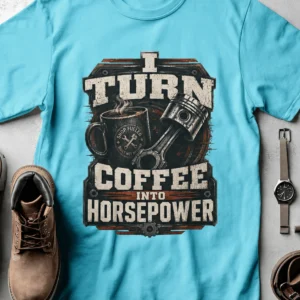 Mechanic Technician T-Shirt — "I Turn Coffee Into Horsepower" Vintage Work Shirt — lagoon-blue t-shirt, flat-lay product photo | Pressure Tested Co