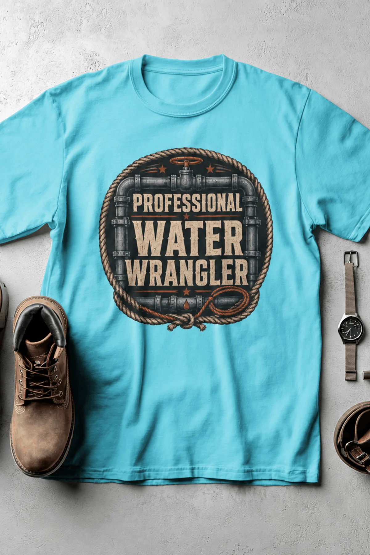Funny Plumber Tee - "Professional Water Wrangler" Rustic Rope Graphic T-Shirt — lagoon-blue t-shirt, flat-lay product photo | Pressure Tested Co