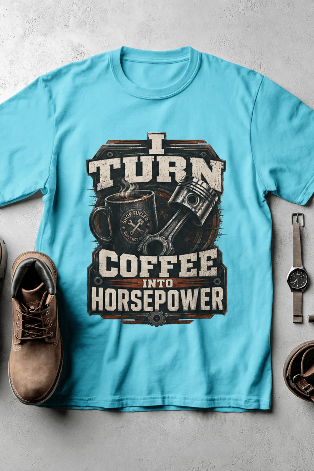 Mechanic Technician T-Shirt — "I Turn Coffee Into Horsepower" Vintage Work Shirt — lagoon-blue — Flat-lay Mechanic Technician T-Shirt — "I Turn Coffee Into Horsepower" Vintage Work Shirt — lagoon-blue t-shirt, flat-lay product photo | Pressure Tested Co