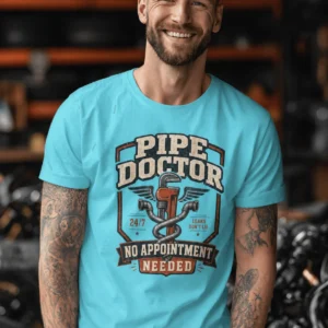 Plumber T-Shirt — "Pipe Doctor. No Appointment Needed" Vintage Work Shirt — lagoon-blue t-shirt, model photo | Pressure Tested Co