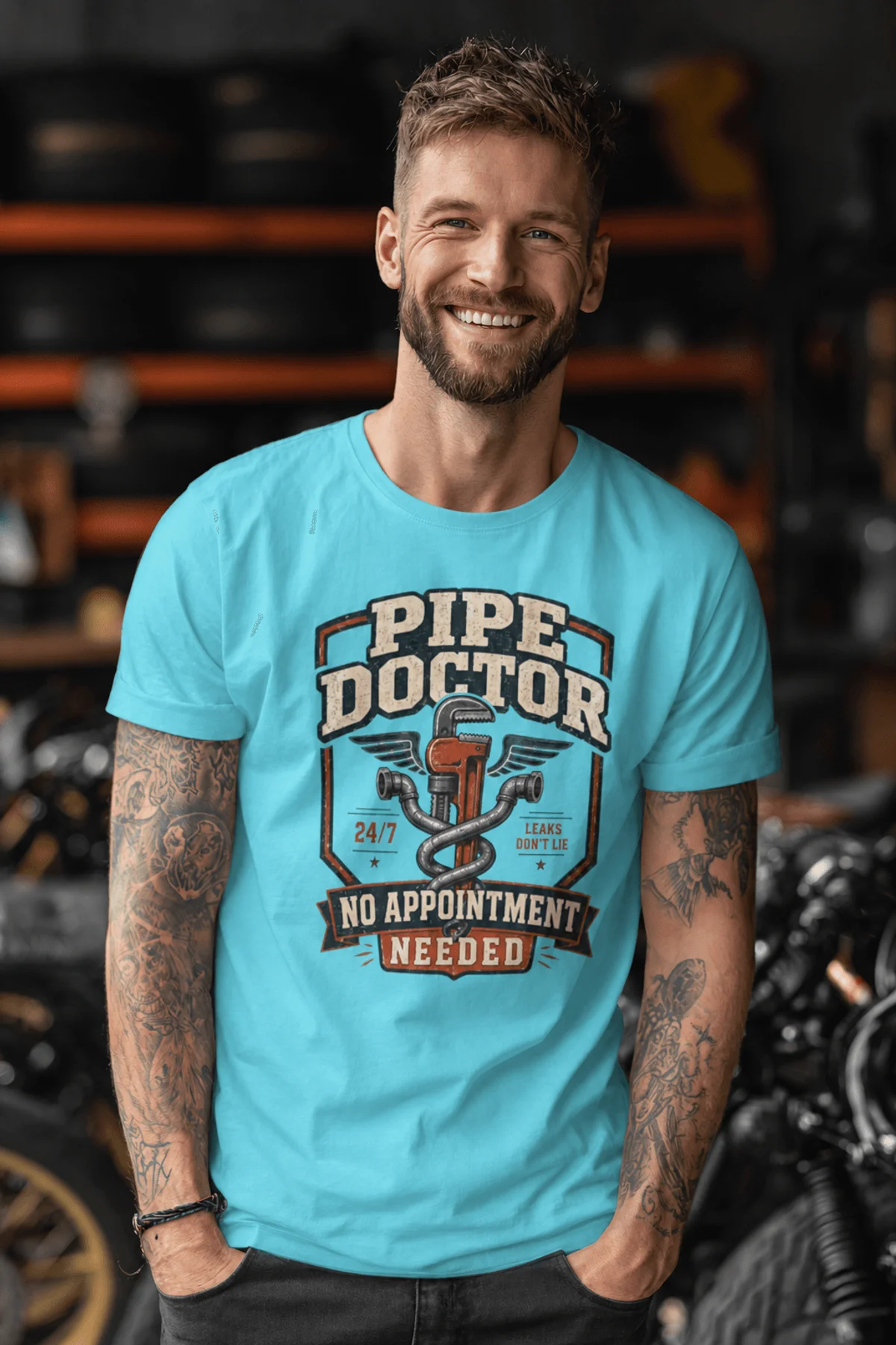 Plumber T-Shirt — "Pipe Doctor. No Appointment Needed" Vintage Work Shirt — lagoon-blue — Model Plumber T-Shirt — "Pipe Doctor. No Appointment Needed" Vintage Work Shirt — lagoon-blue t-shirt, model photo | Pressure Tested Co