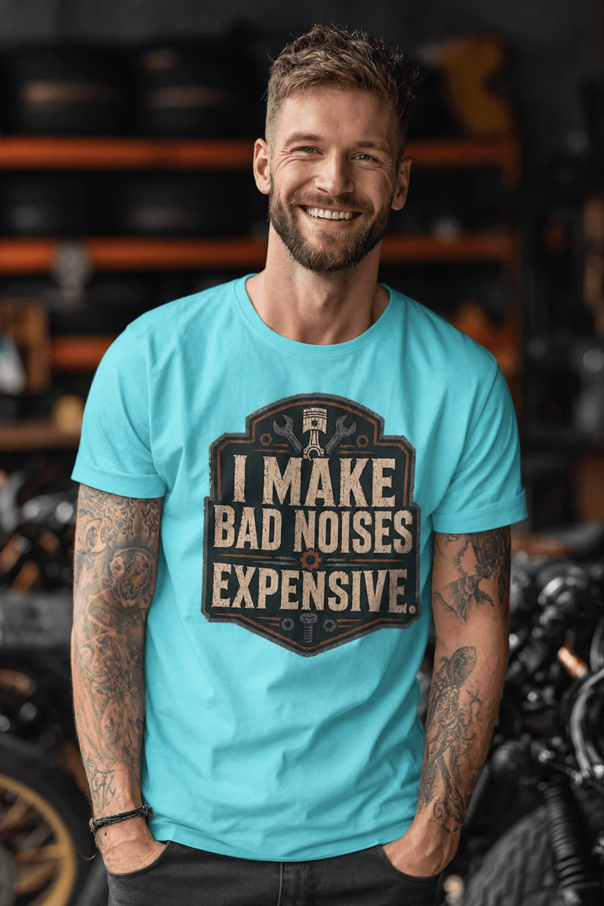 Funny Mechanic Tee - "I Make Bad Noises Expensive" Technician Worker/ Mechanic / Gearhead Tee — lagoon-blue t-shirt, model photo | Pressure Tested Co