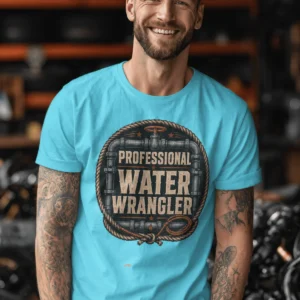 Funny Plumber Tee - "Professional Water Wrangler" Rustic Rope Graphic T-Shirt — lagoon-blue t-shirt, model photo | Pressure Tested Co