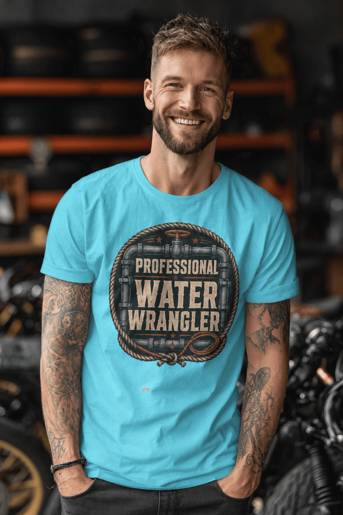 Funny Plumber Tee - "Professional Water Wrangler" Rustic Rope Graphic T-Shirt — lagoon-blue t-shirt, model photo | Pressure Tested Co