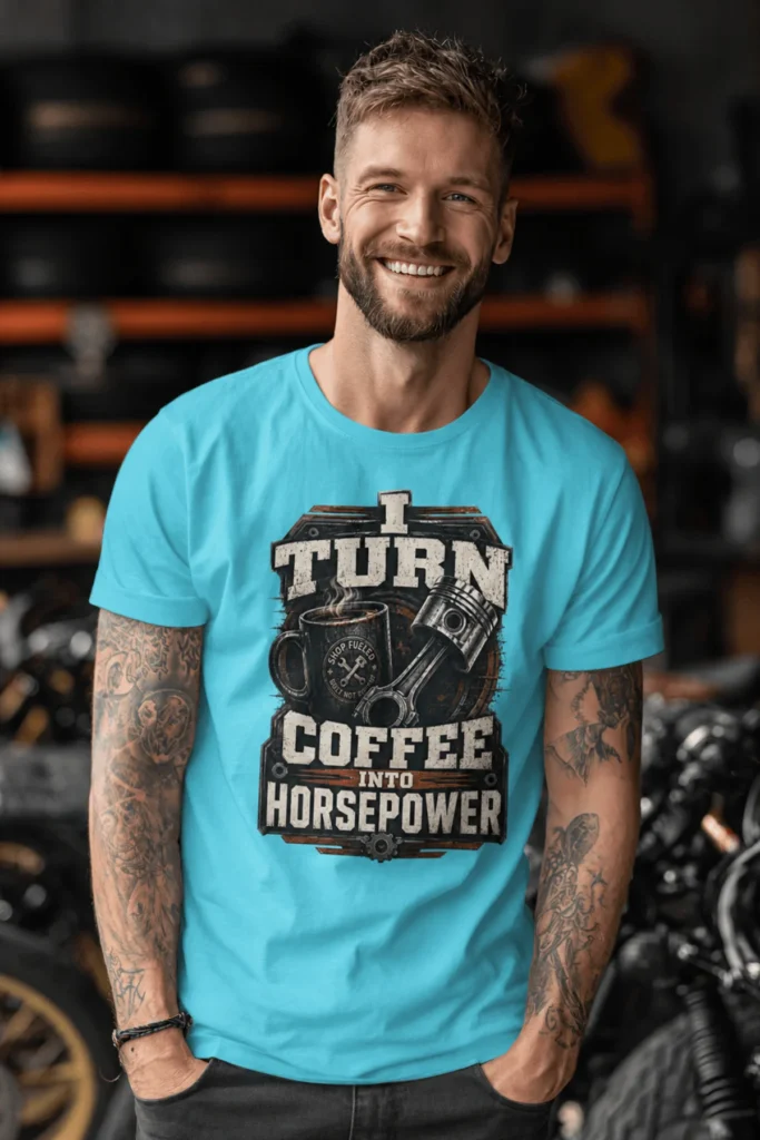 Mechanic Technician T-Shirt — "I Turn Coffee Into Horsepower" Vintage Work Shirt — lagoon-blue t-shirt, model photo | Pressure Tested Co